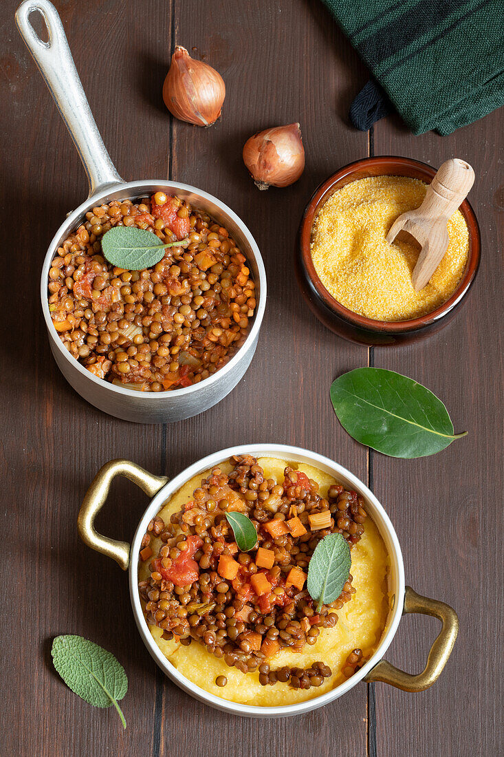 Vegetarian lentil ragout with polenta