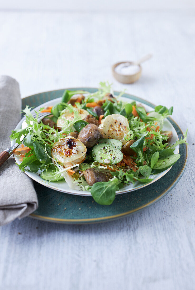 Gemischter Wintersalat mit Gurken, Champignons und Kirschsauce