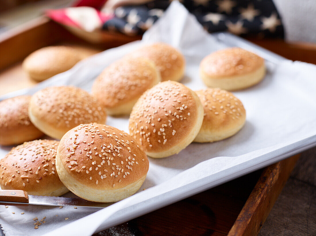 Hamburger buns with sesame seeds