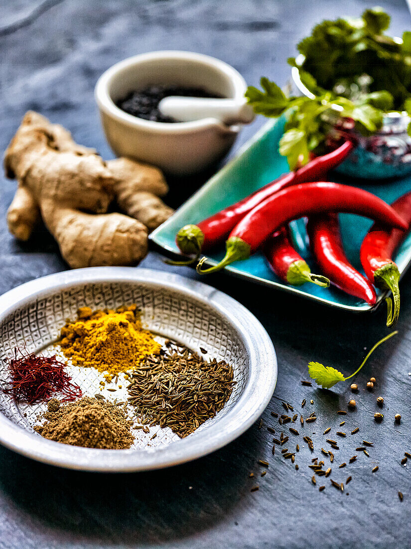 Asian spices - ginger, chilli, coriander, saffron, turmeric