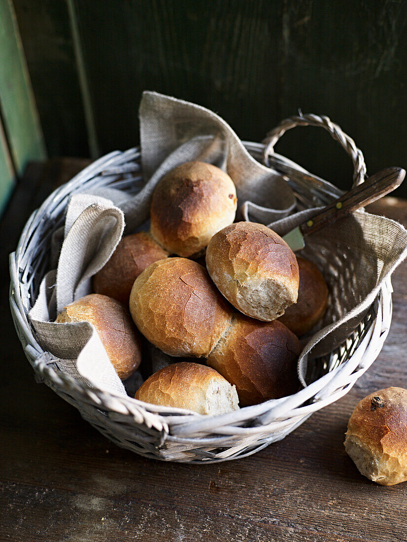 Rye bread rolls in a bread basket