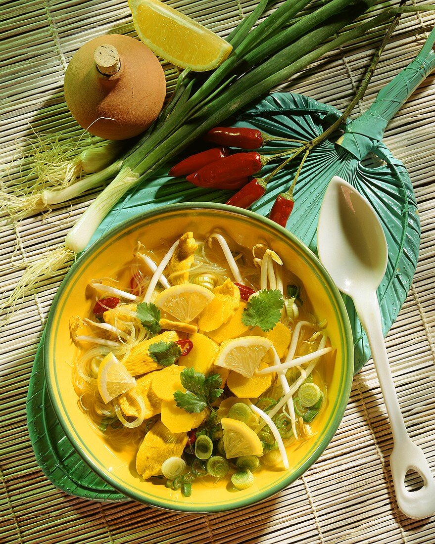 Indonesische Hähnchen-Zitronen-Suppe mit Glasnudeln, Sprossen