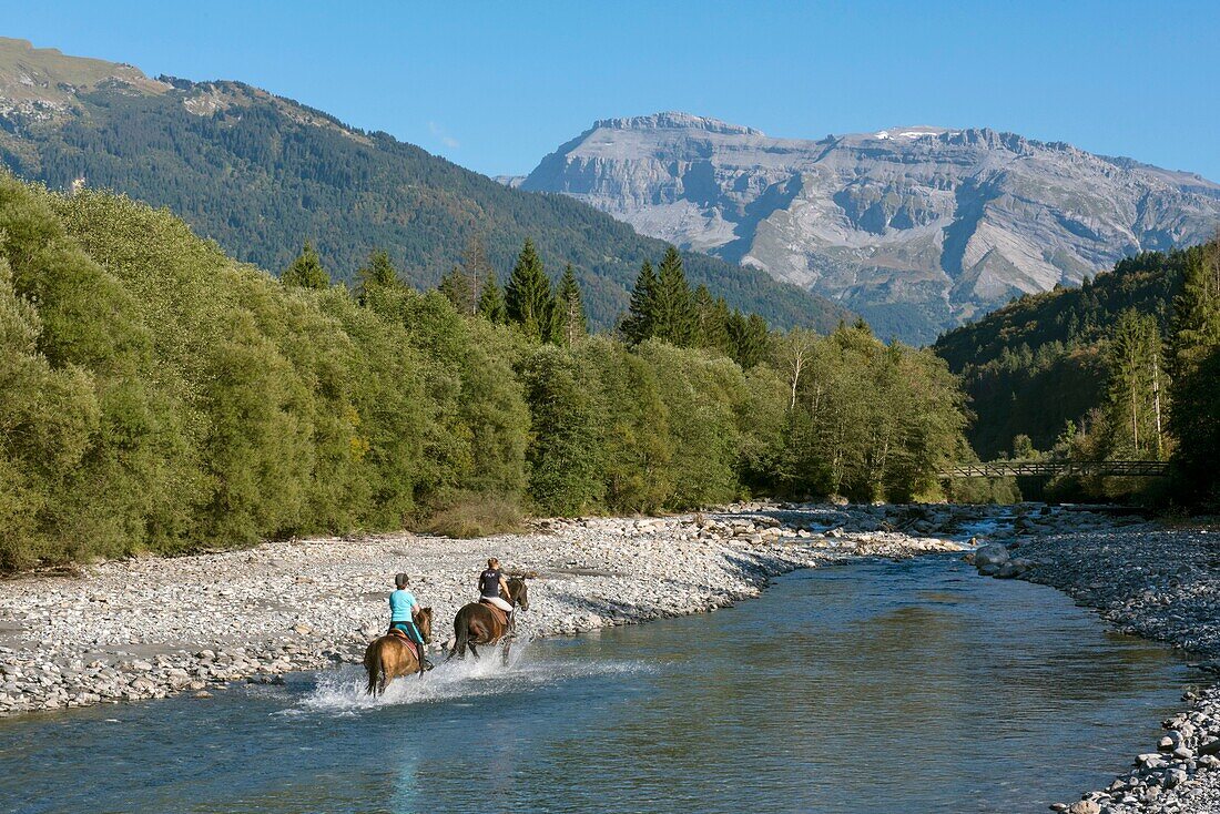 France,Haute Savoie,Mieussy,horse riding along the Giffre and Mount Buet (3098m)