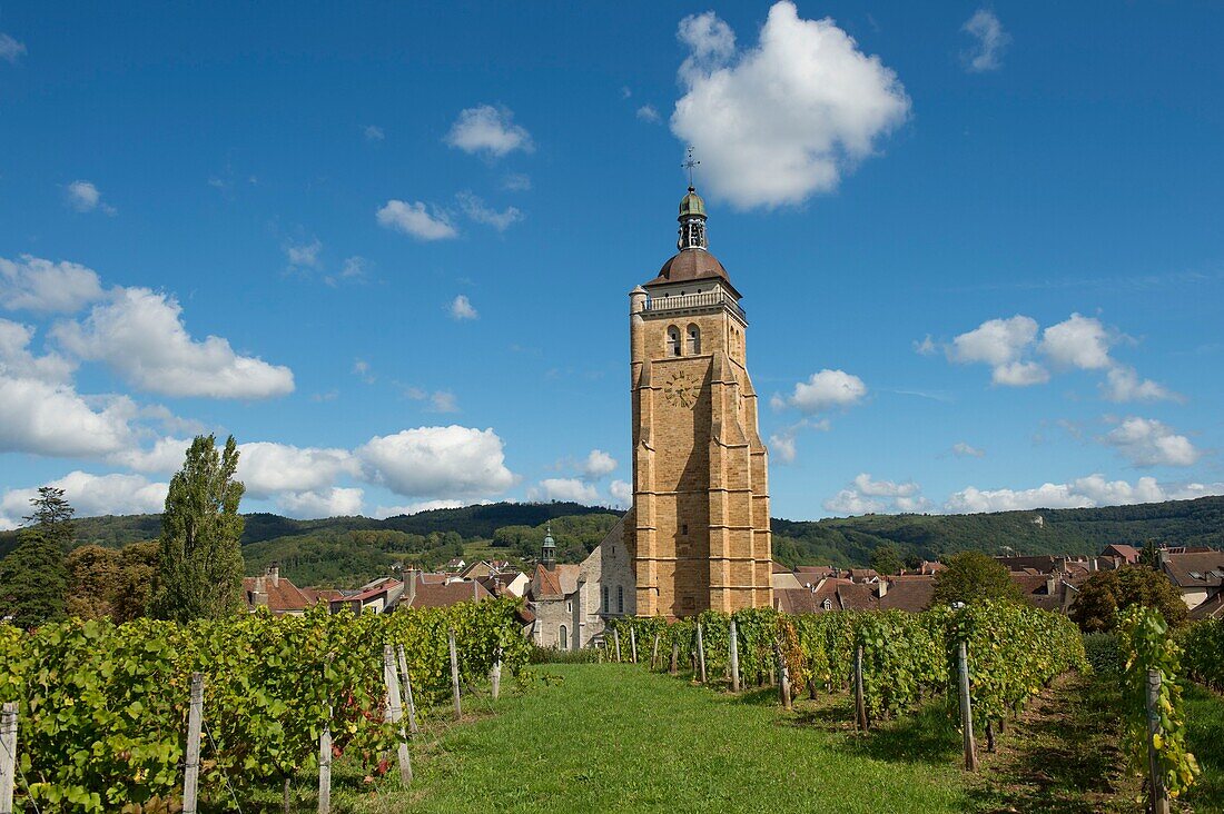 Frankreich,Jura,Arbois,der Glockenturm Wachturm der Kirche Saint Just beherrscht den Weinberg von seinen 65 m
