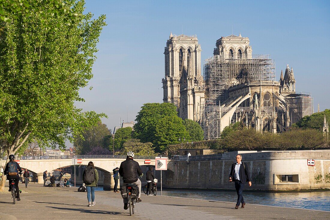 France,Paris,Notre Dame de Paris Cathedral,two days after the fire,April 17,2019,Quai de la Tournelle