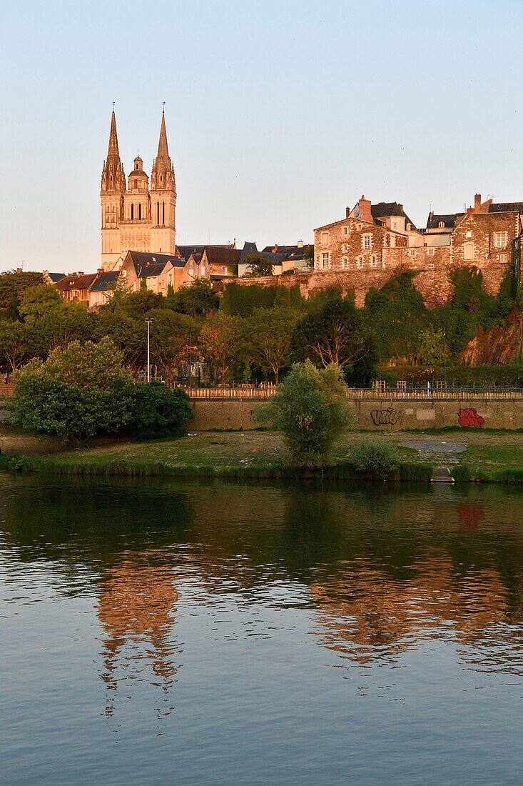 France,Maine et Loire,Angers,Maine river banks and Saint Maurice cathedral