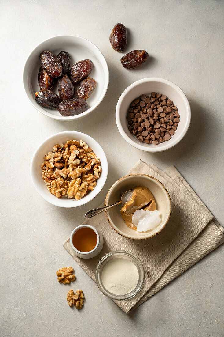 Ingredients for chocolate nut squares with dates