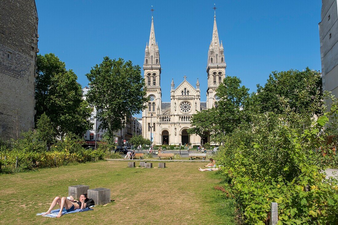 Frankreich,Paris,Kirche Saint Ambroise,Garten Truillot,Rasen gesäumt von Blumenbrachen, Weinreben und Obstbäumen