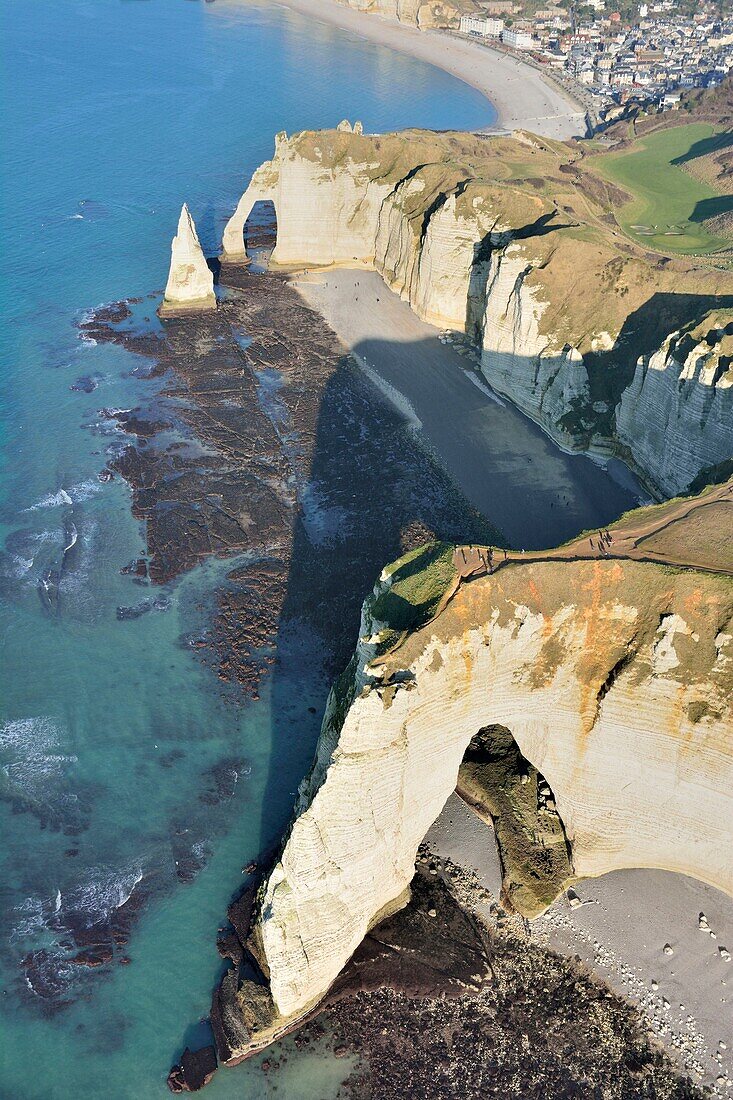 France,Seine Maritime,Cote d'albatre,Etretat,the cliff,arch and needle (aerial view)