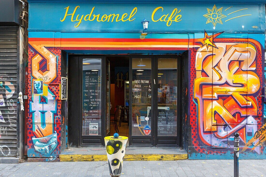 France,Paris,street art,graffitis and murals in Rue Denoyez,the Hydromel Cafe