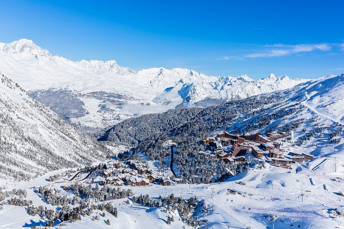 France,Savoie,Vanoise massif,valley of Haute Tarentaise,Les Arcs 2000,part of the Paradiski area,view of the Mont Blanc (4810m) and La Rosiere resort (aerial view)