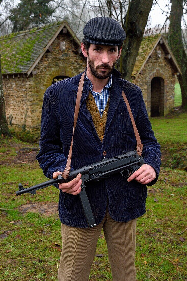 France,Eure,Sainte Colombe prés Vernon,Allied Reconstitution Group (US World War 2 and french Maquis historical reconstruction Association),the reenactor Rudy Le Gall in partisan of the French Forces of the Interior (FFI)