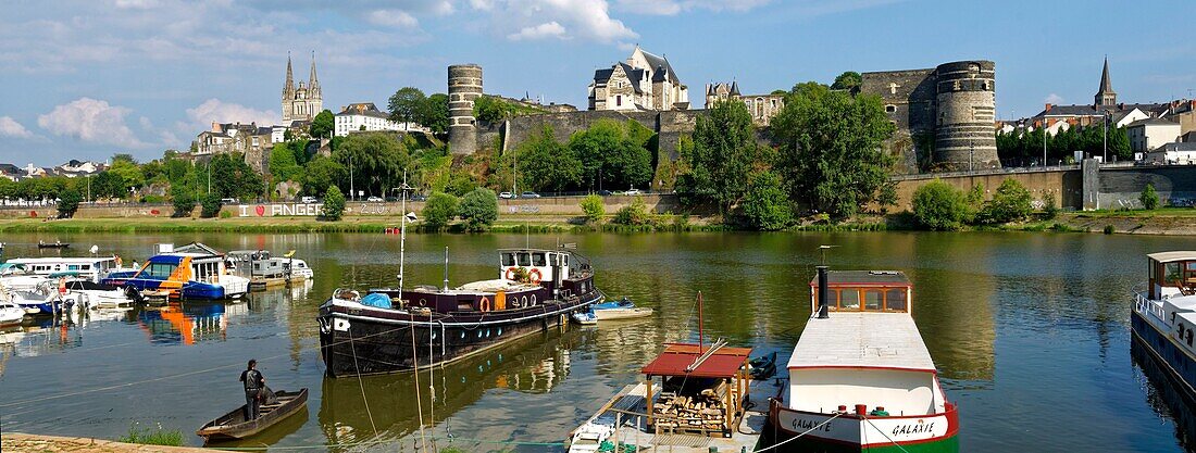 France,Maine et Loire,Angers,the river port and the castle of the Dukes of Anjou,Saint Maurice cathedral in background