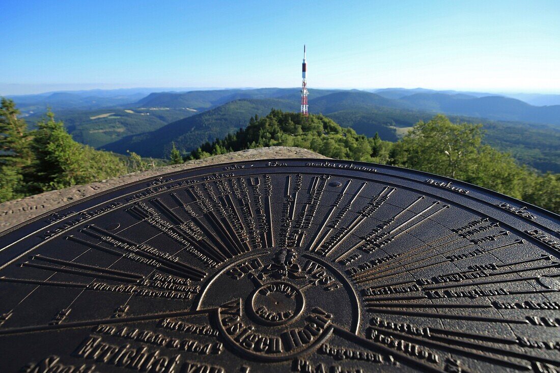 France,Bas Rhin,orientation table at the top of Donon,The temple of Donon is at 1,009 meters above sea level,It was erected at the top in 1869,It is the work of the architect Louis Michel Boltz