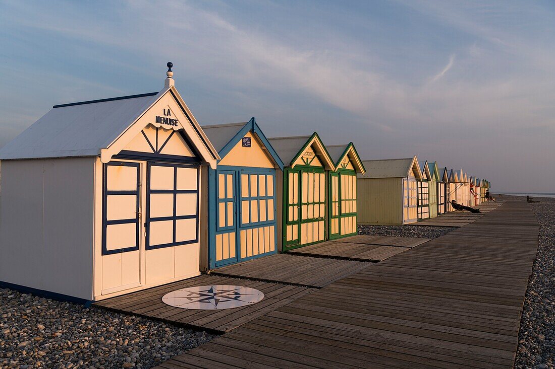 France,Somme,Cayeux sur Mer,the beach cabins on the longest boardwalk in Europe