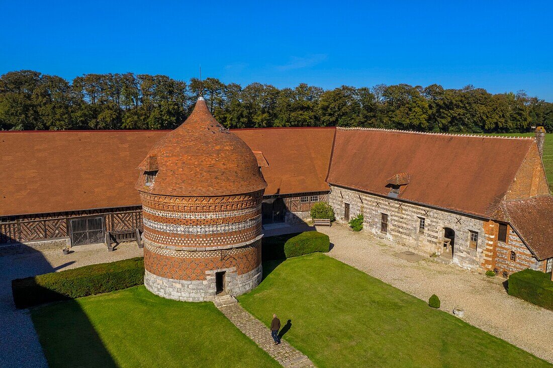 France,Seine Maritime,Cote d'Albatre (Alabaster Coast),Pays de Caux,Varengeville sur Mer,the Manoir d'Ango (Ango Manor) and its dovecote (aerial view)