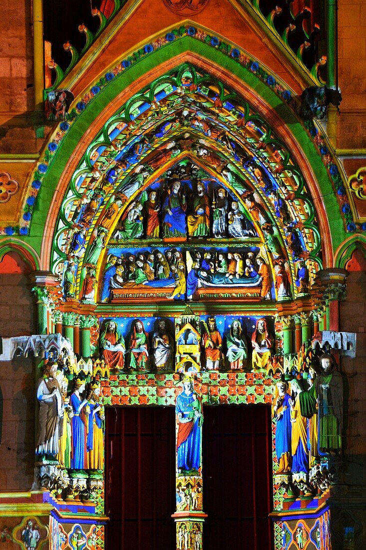 France,Somme,Amiens,Notre-Dame cathedral,jewel of the Gothic art,listed as World Heritage by UNESCO,polychrome sound and light show presenting the original polychromy of the facades