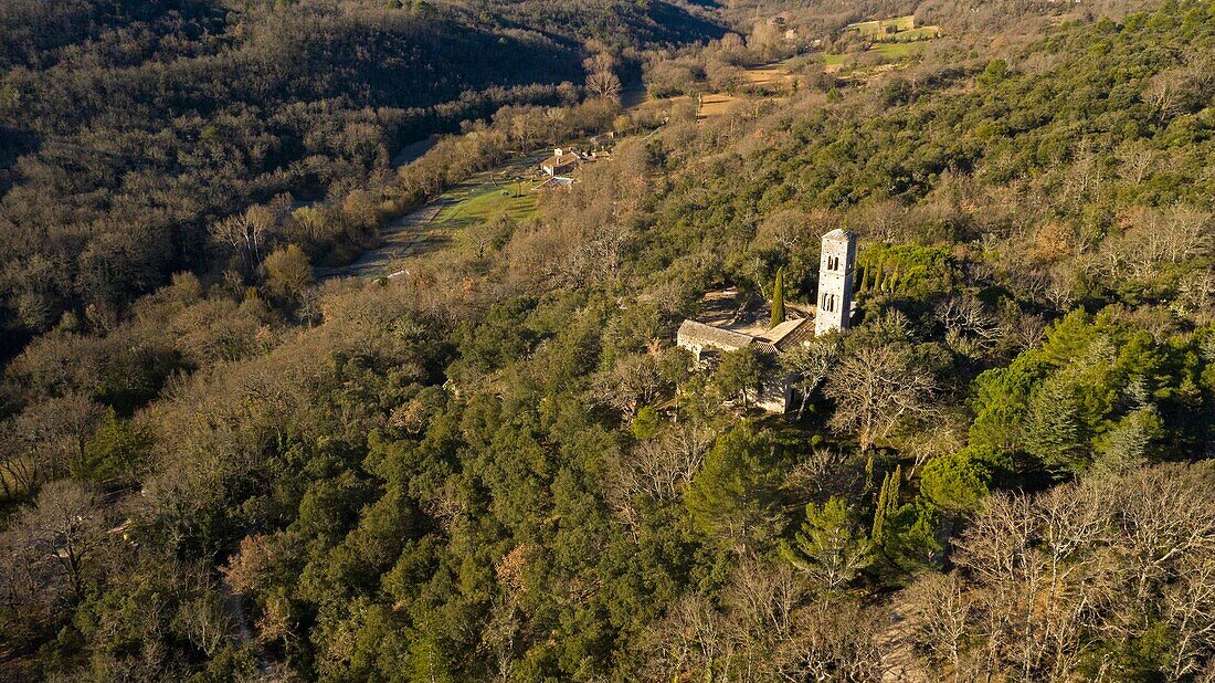 France,Vaucluse,Luberon Regional Nature Park,Vallee d'Aigue Brun,Bonnieux,Saint Symphorien IXe prioress,Buoux in the background (aerial view)