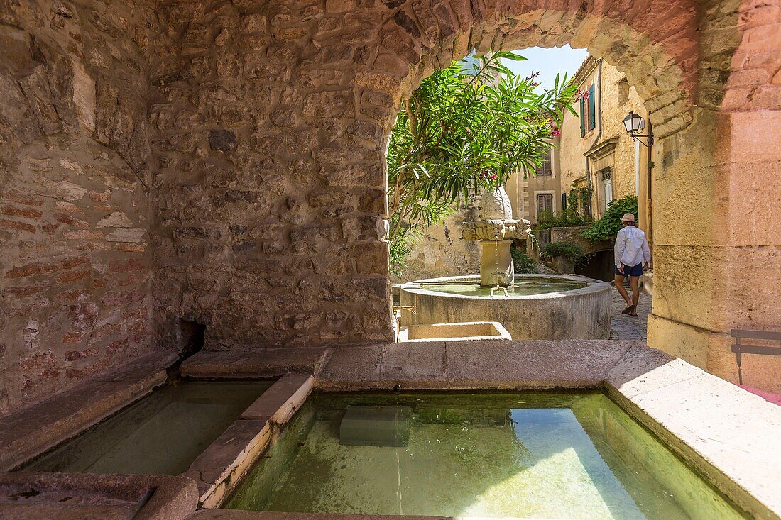Frankreich,Vaucluse,Seguret,ausgezeichnet als die schönsten Dörfer Frankreichs,der Comtadine-Brunnen von Mascarons,16.