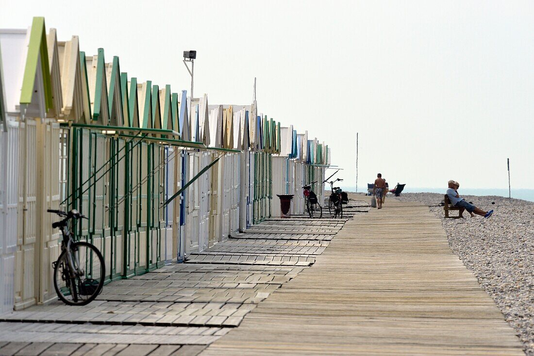 France,Somme,Baie de Somme (Somme bay),Cayeux sur Mer,the boardwalk lined with 400 colorful cabins and 2 km long