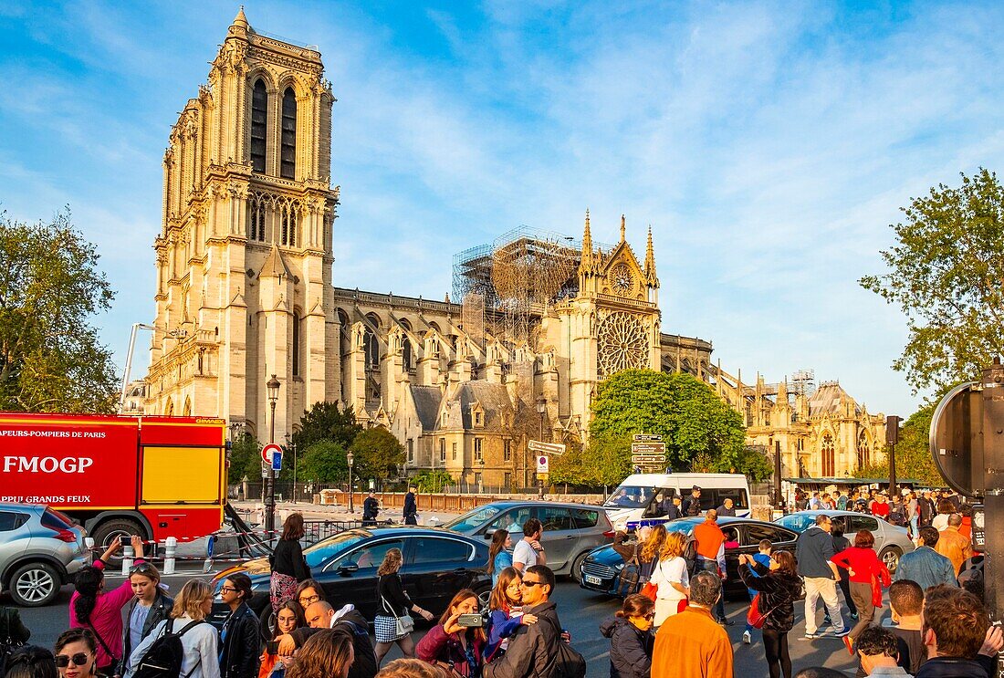 Frankreich,Paris,von der UNESCO zum Weltkulturerbe erklärtes Gebiet,Ile de la Cite,Kathedrale Notre Dame nach dem Brand vom 15. April 2019