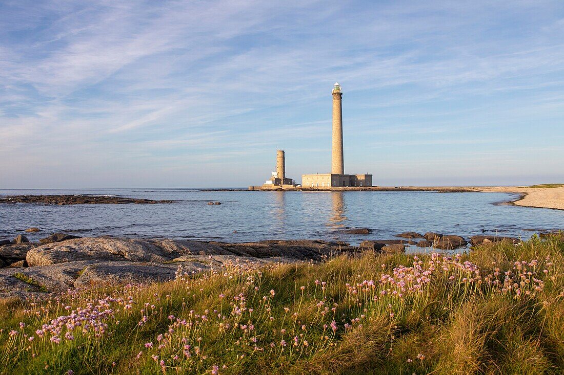 France,Manche,Cotentin,Gatteville le Phare or Gatteville Phare,Gatteville lighthouse or Gatteville Barfleur lighthouse and the semaphore at the tip of Barfleur