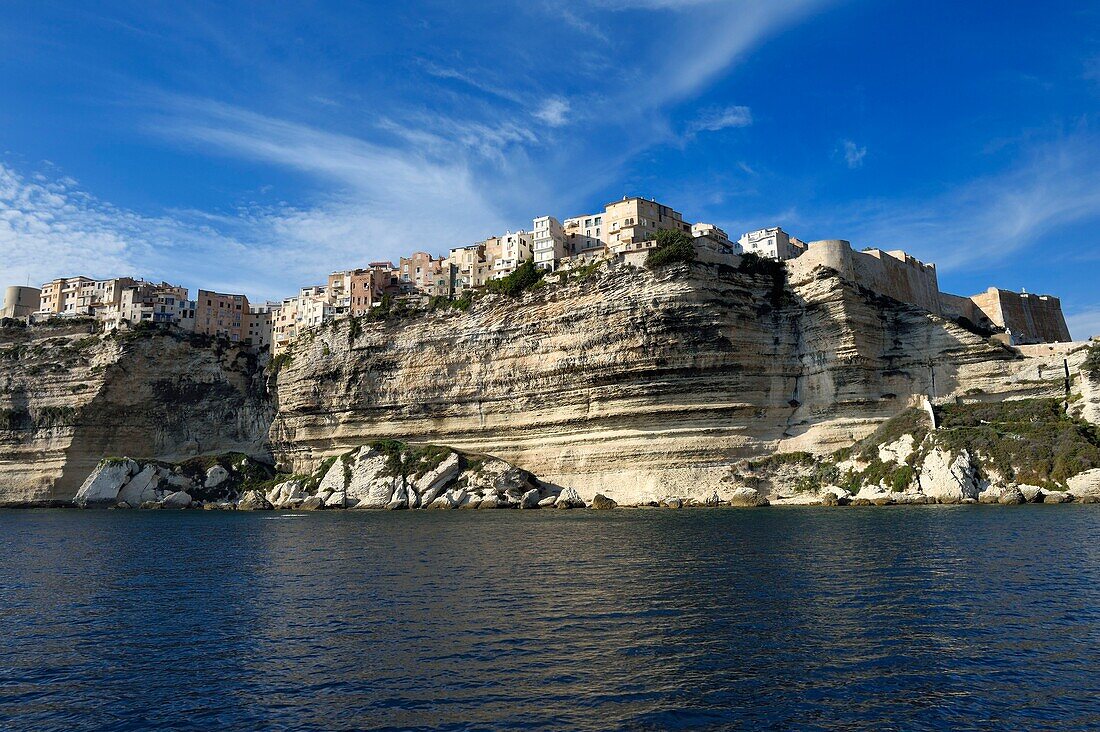 France,Corse du Sud,Bonifacio,the old town or Upper Town perched on limestone cliffs more than 60 meters high