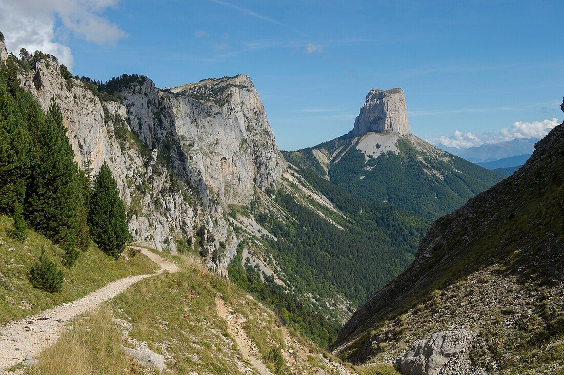 France,Isere,Massif du Vercors,Trieves,Regional Natural Park,hiking at the foot of the Aiguille,underpass and Mount Aiguille