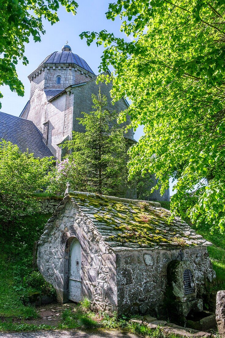 Frankreich,Cantal,Regionaler Naturpark der Vulkane der Auvergne,monts du Cantal (Cantal-Berge),vallee de Cheylade (Cheylade-Tal),Saint Hippolyte,Kapelle der Font Sainte,die Quelle und das Oratorium