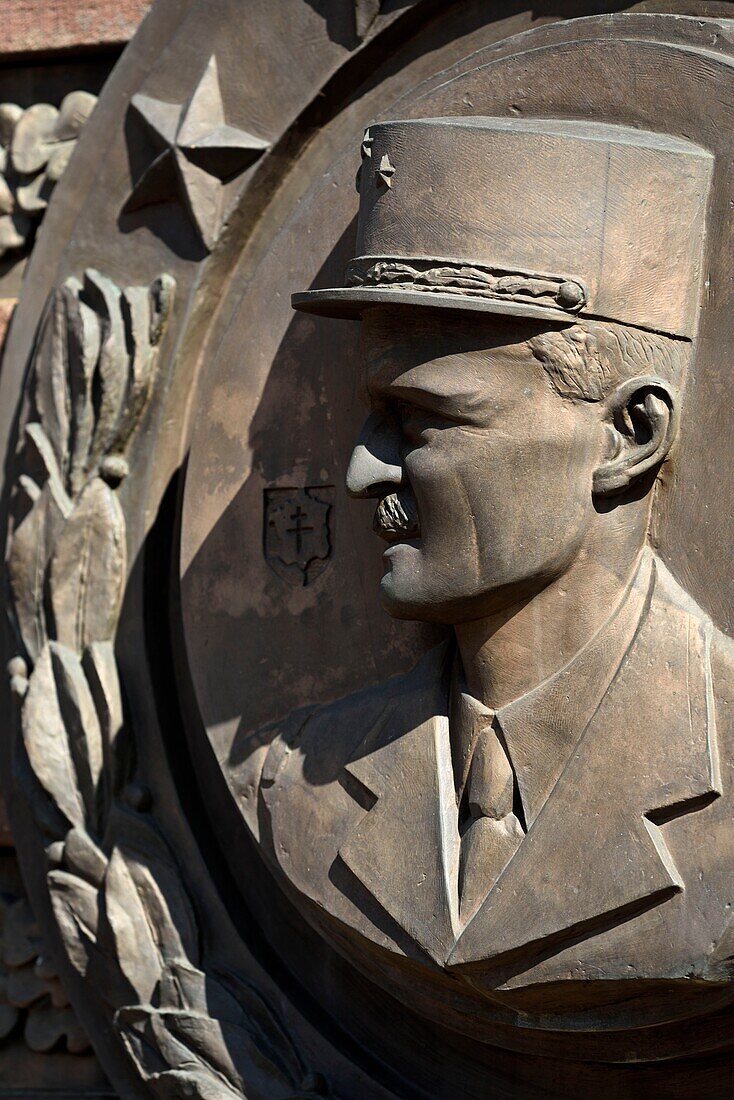 France,Meurthe et Moselle,Baccarat,monument in homage to General Leclerc and the 2nd D. B.,Second World War,on the banks of the Meurthe river