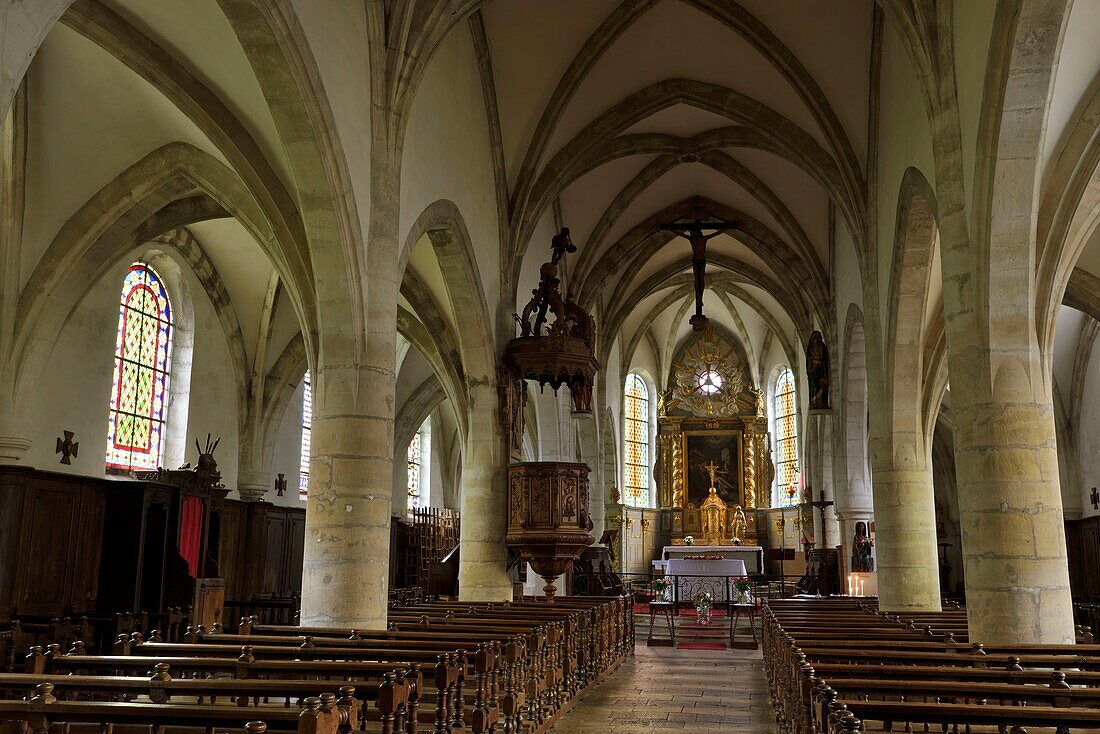 France,Doubs,Mouthier Haute Pierre,Saint Laurent church dated 15th century,nave,choir