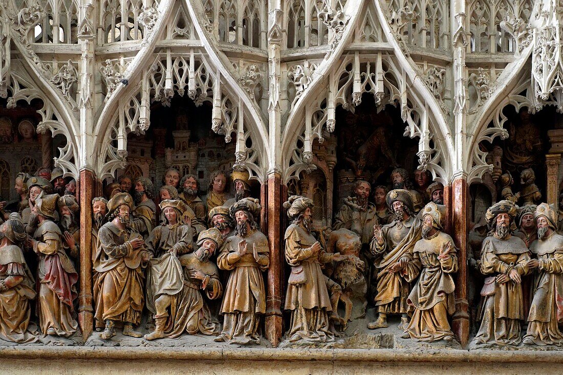 France,Somme,Amiens,Notre-Dame cathedral,jewel of the Gothic art,listed as World Heritage by UNESCO,the southern end of the choir,story of Saint James the Greater and Hermogenous the magician (dated after 1511)