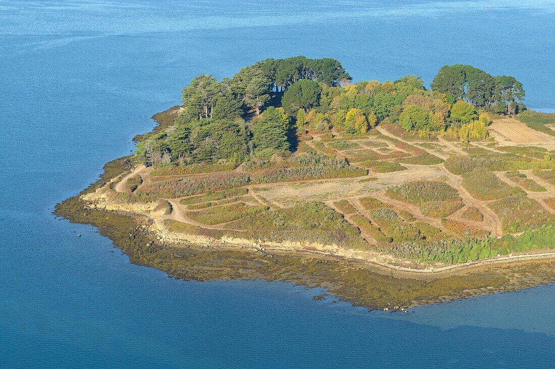 France,Morbihan,Ile-d'Arz,aerial view of the Gulf of Morbihan and the tip of Liouse on island of Arz