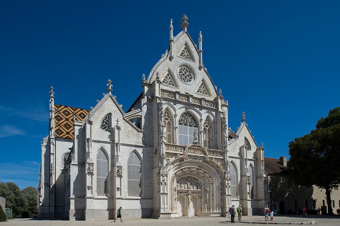 France,Ain,Bourg en Bresse,Royal Monastery of Brou restored in 2018,the church of Saint Nicolas de Tolentino masterpiece of Flamboyant Gothic,the west facade