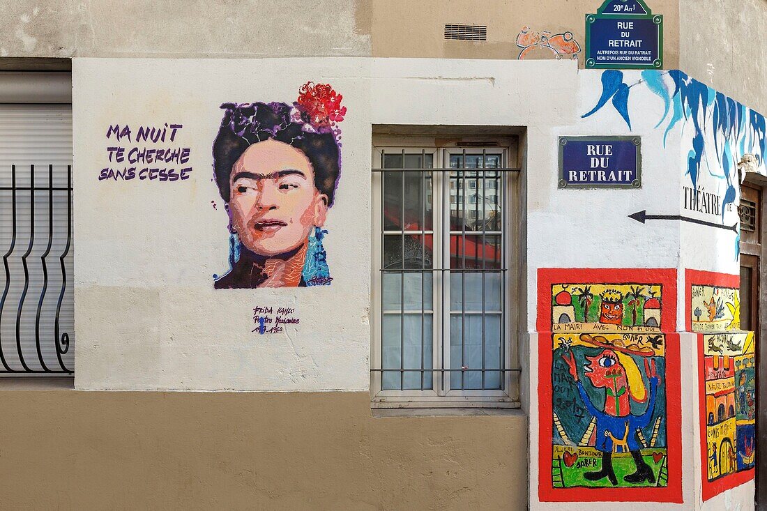 France,Paris,street art,mural representing Frida Kahlo on Rue du Retrait