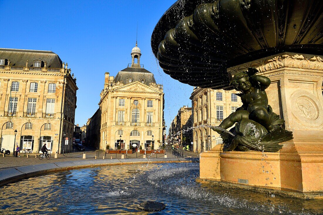 France,Gironde,Bordeaux,area listed as World Heritage by UNESCO,Saint Pierre district,Place de la Bourse (Square of Bourse) and the three graces fountain