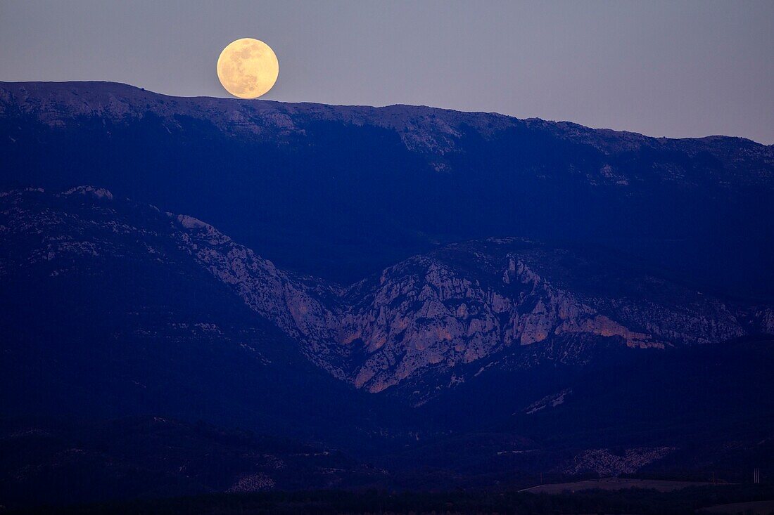 France,Alpes de Haute Provence,Verdon Regional Nature Park,Plateau de Valensole,full moon above Saint Jurs