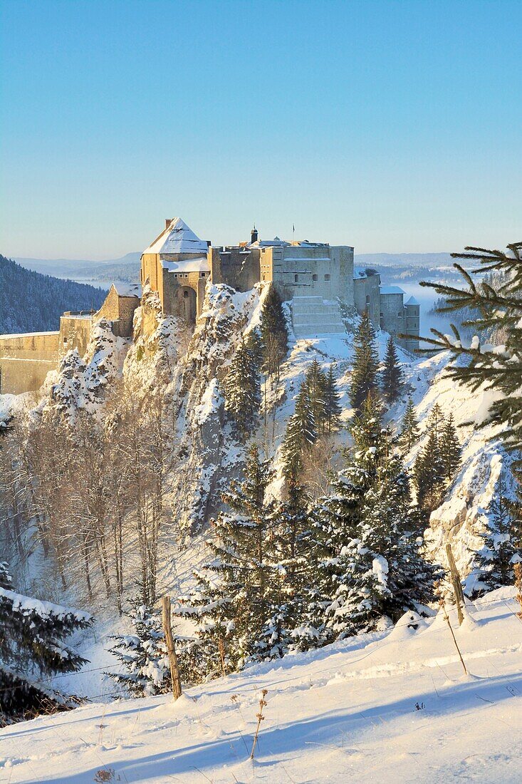 France,Doubs,La Cluse et Mijoux,the fort of Joux (aerial view)