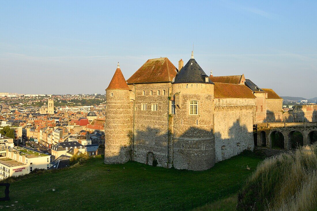 France,Seine Maritime,Pays de Caux,Cote d'Albatre (Alabaster Coast),Dieppe,castle museum,the Castle museum dominates the city and the Saint Jacques church in the background