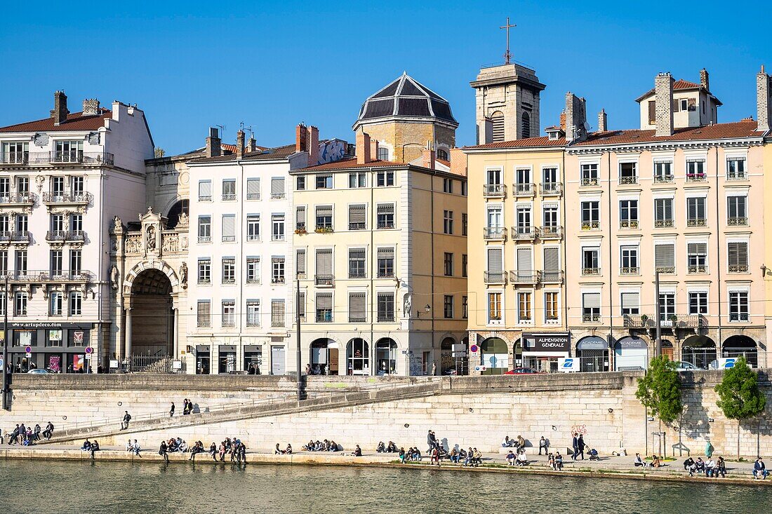 France,Rhone,Lyon,historic district listed as a UNESCO World Heritage site,Quai Saint-Vincent,the banks of the Saone river and Notre-Dame-Saint-Vincent church