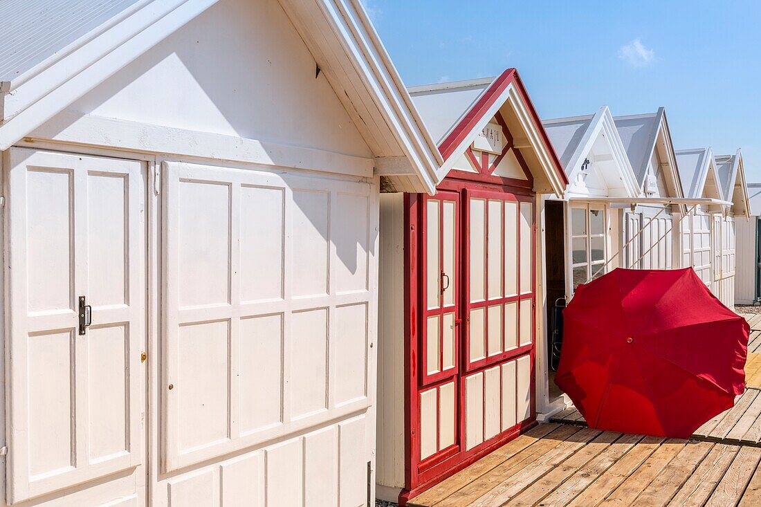 France,Somme,Cayeux sur Mer,the beach cabins on the longest boardwalk in Europe
