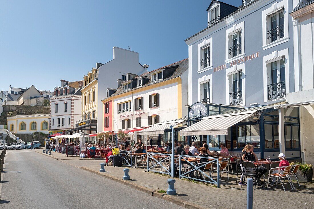 France,Morbihan,Belle-Ile island,le Palais,the restaurant terraces of quai Bonnelle