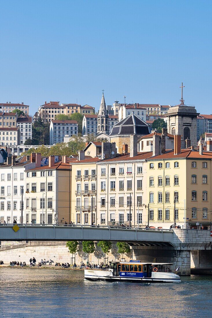 France,Rhone,Lyon,historic district listed as a UNESCO World Heritage site,Quai Saint-Vincent,bridge of la Feuillee over the Saone river and the Vaporetto shuttle boat