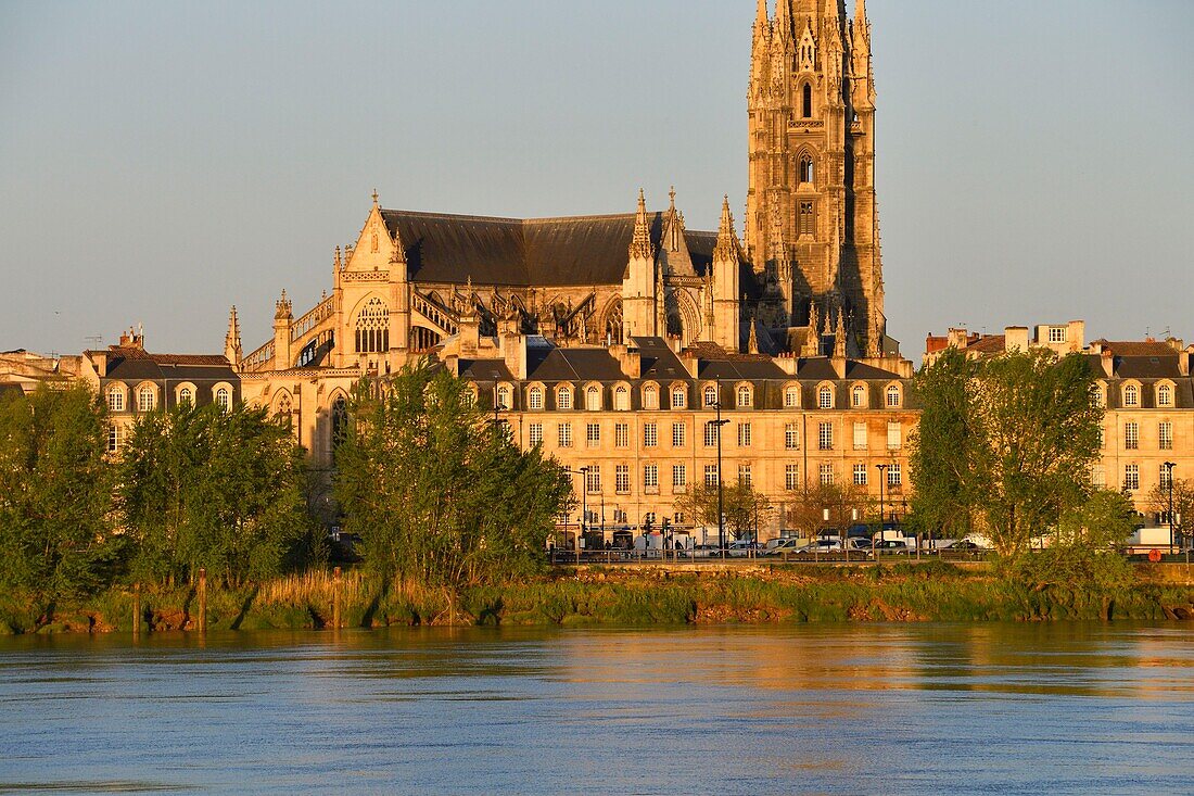 France,Gironde,Bordeaux,area listed as World Heritage by UNESCO,the banks of Garonne river and Saint Michel Basilica built between the 14th and 16th century Gothic style and it's tower of 114 m high