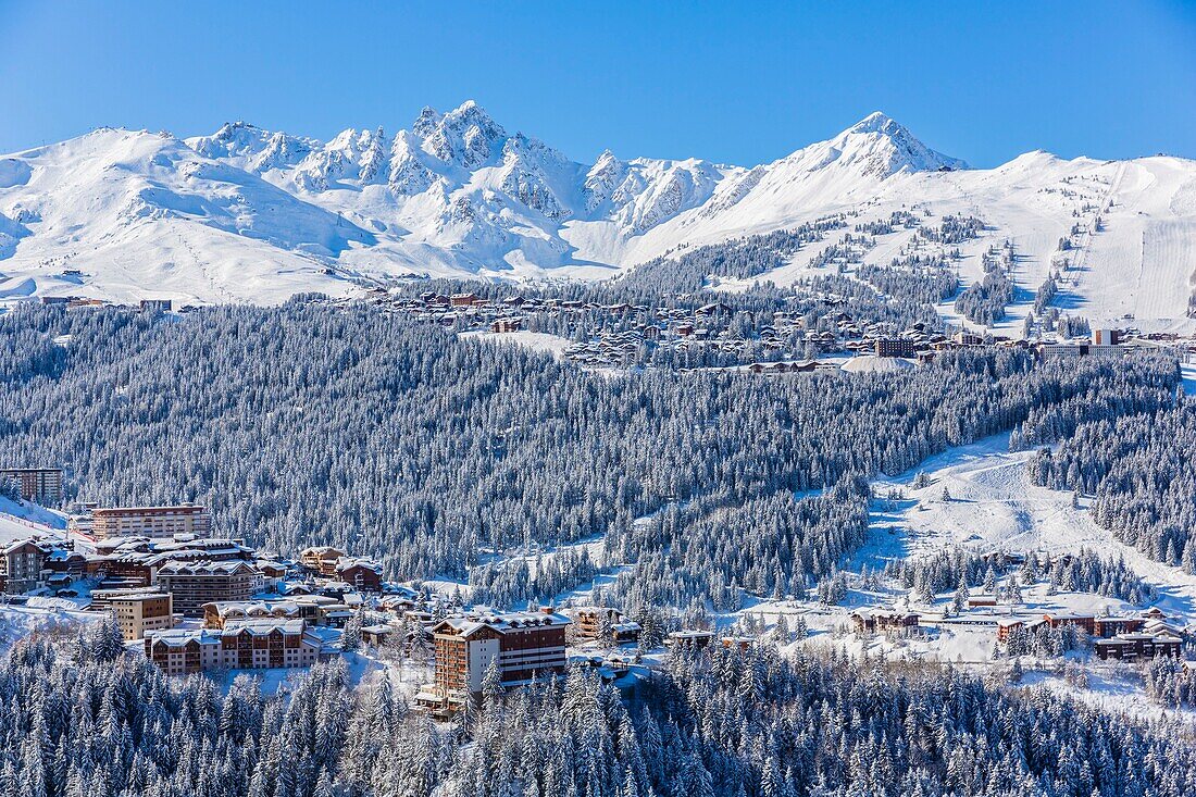 France,Savoie,Courchevel Moriond and Courchevel,Massif of the Vanoise,Tarentaise valley,view of the Sommet de La Saulire (2738m) (aerial view)