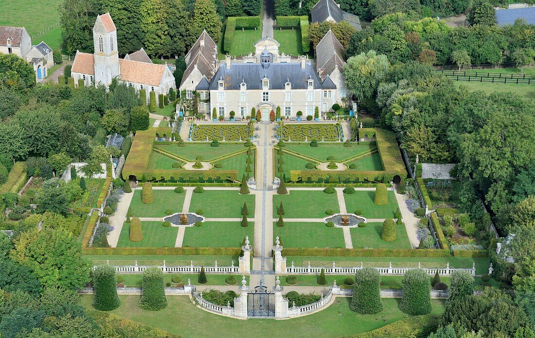 France,Calvados,Saint Gabriel Brecy,the castle and the gardens of Brecy (aerial view)