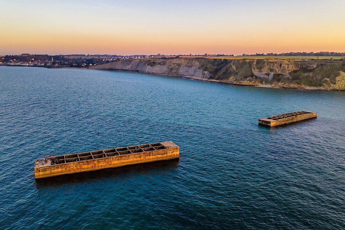 France,Calvados,Arromanches les Bains,cliffs of Cap Manvieux,Mulberry B remains,Port Winston,Phoenix breakwaters (aerial view)