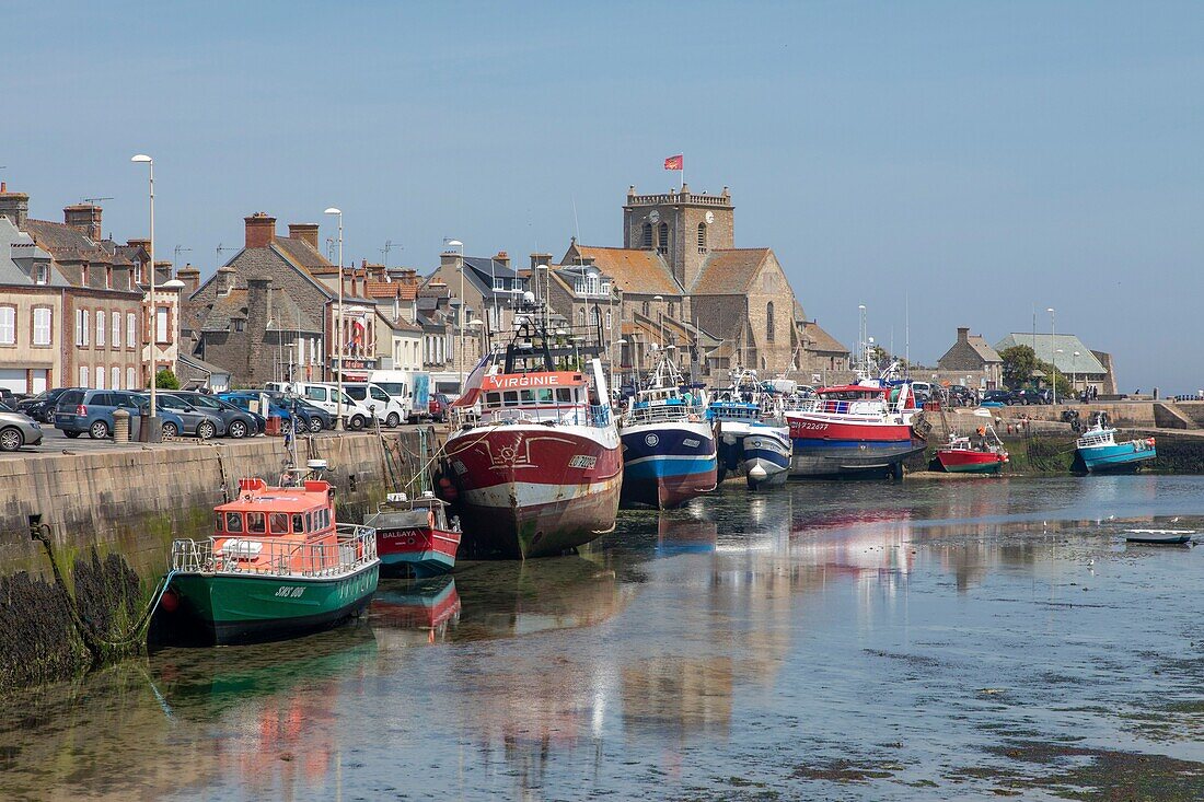 France,Manche,Cotentin,Barfleur,labeled Les Plus Beaux Villages de France (The Most Beautiful Villages of France),Harbour and Saint Nicolas church built from 17th century to 19th century