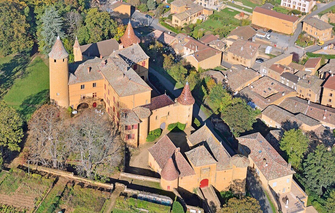 France,Rhone,Beaujolais,Les Pierres Dorees,Jarnioux,the castle (aerial view)