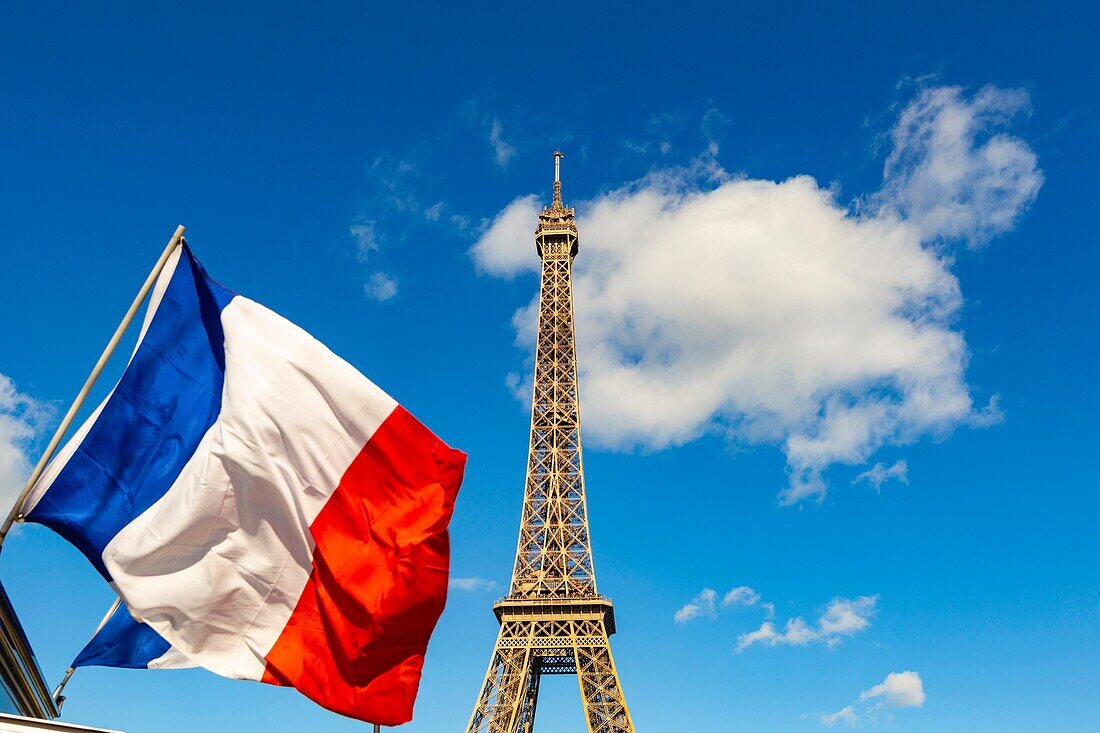 France,Paris,area listed as World Heritage by UNESCO,Eiffel Tower and French Flag